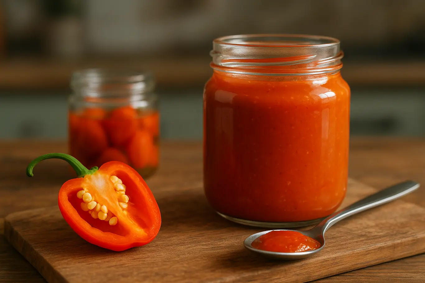 Frasco de molho habanero sobre tábua com pimenta cortada e colher com molho, contexto de cozinha desfocado