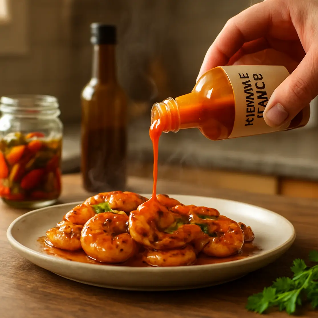 Prato de camarões grelhados com glaze de molho habanero, garrafa e pote de conserva ao fundo em cozinha desfocada