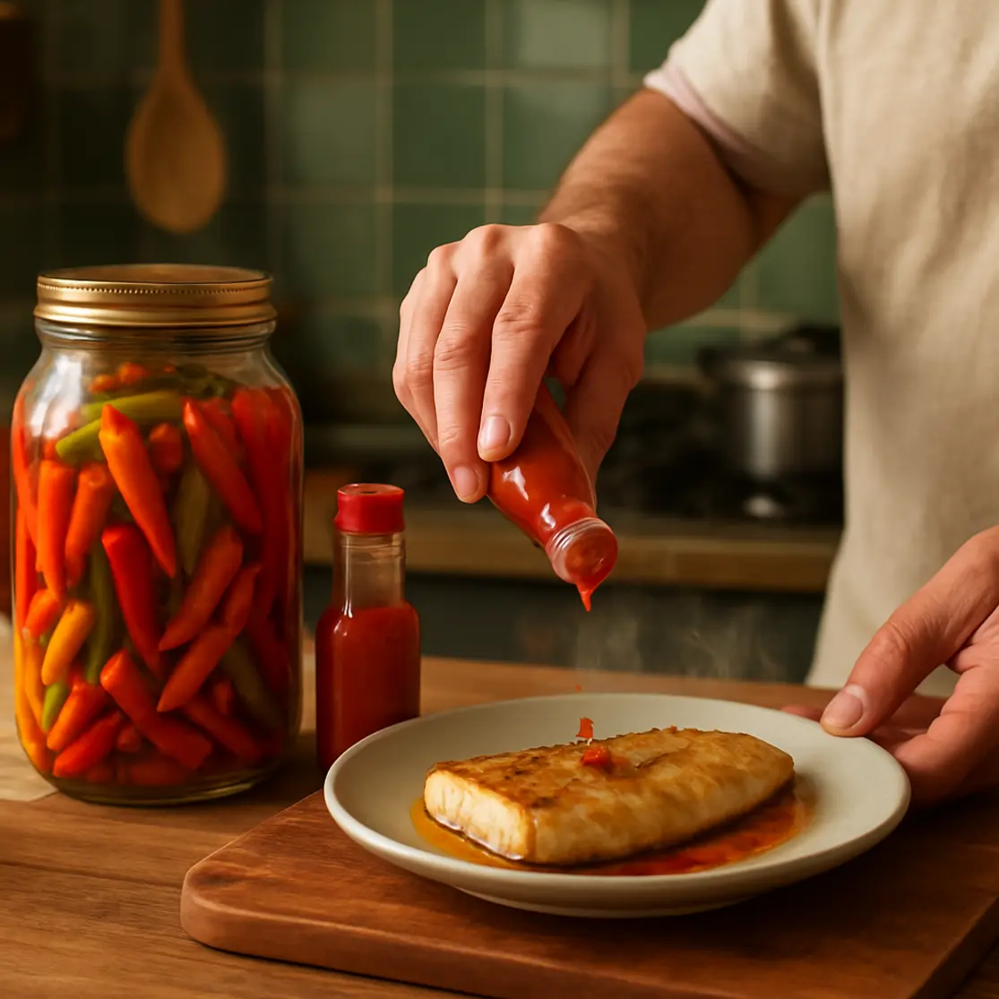 Cena de cozinha com jarra de conservas de pimenta, frasco de molho e prato fumegante