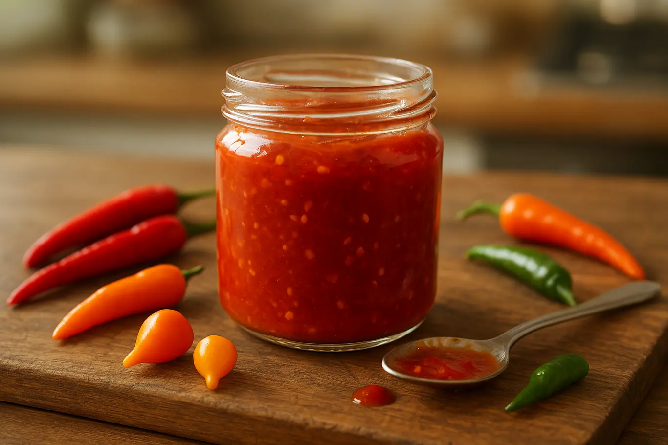 Frasco genérico de molho de pimenta artesanal com pimentas ao redor sobre tábua de madeira