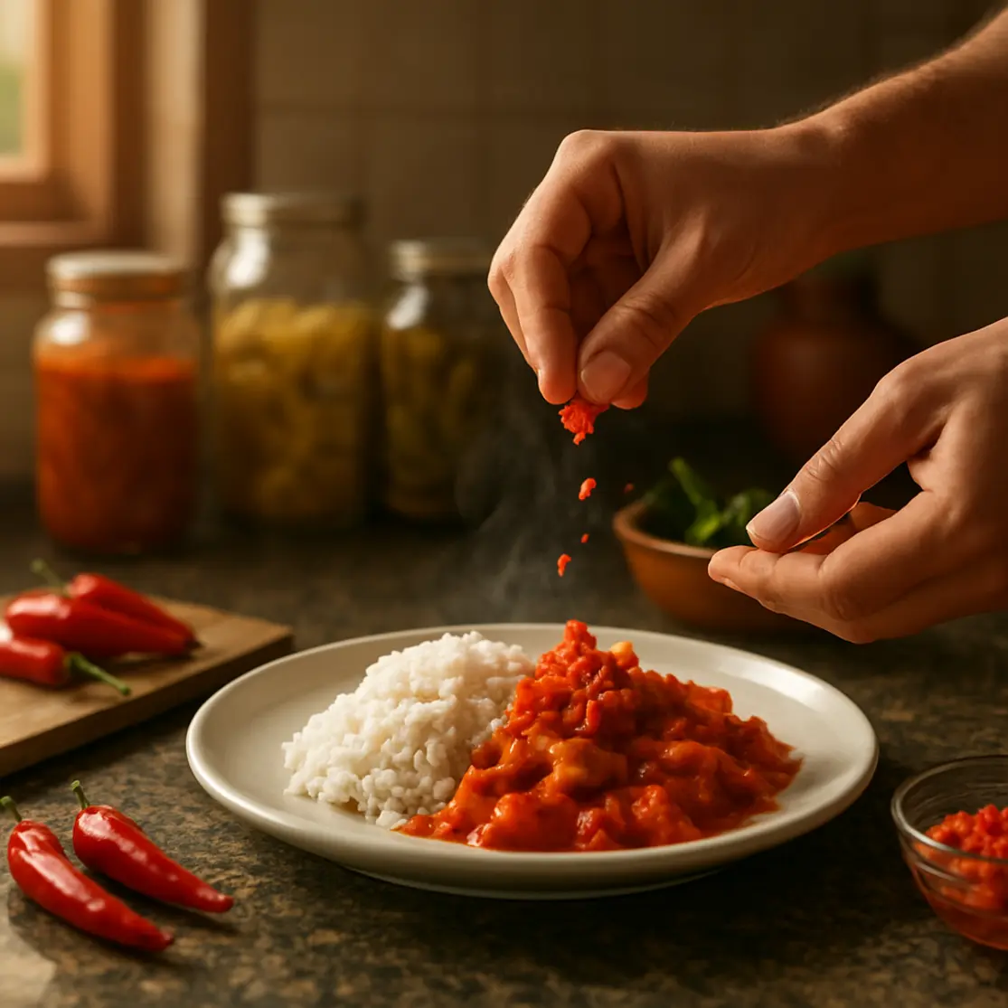 Cozinha com mãos polvilhando pimenta picada sobre prato, frascos de conserva ao fundo