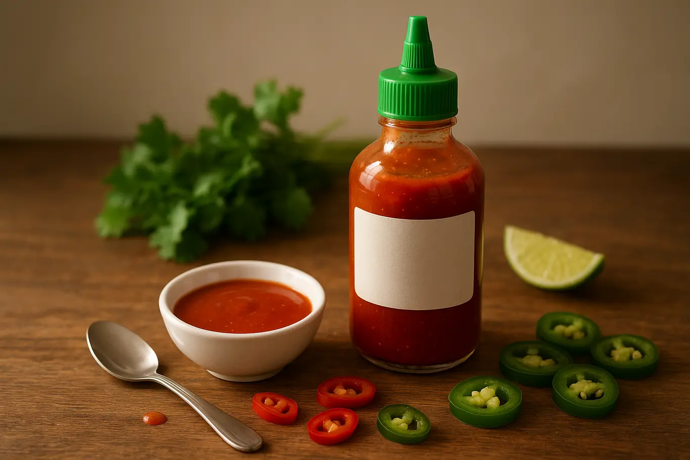 Frasco genérico de sriracha numa mesa de madeira com cumbuca de molho, fatias de pimenta e colher.