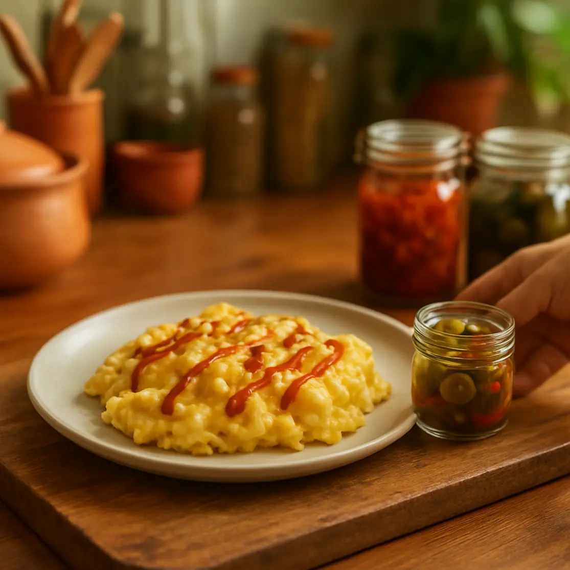 Prato com ovos mexidos e fio de molho sriracha genérico, vidro pequeno de pimentas em conserva, cozinha brasileira ao fundo desfocada.